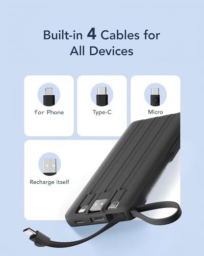 VRURC Portable Charger, Slim Power Bank Built-in 4 Cables, Travel Essential