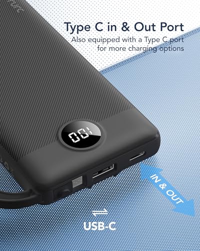 VRURC Portable Charger, Slim Power Bank Built-in 4 Cables, Travel Essential