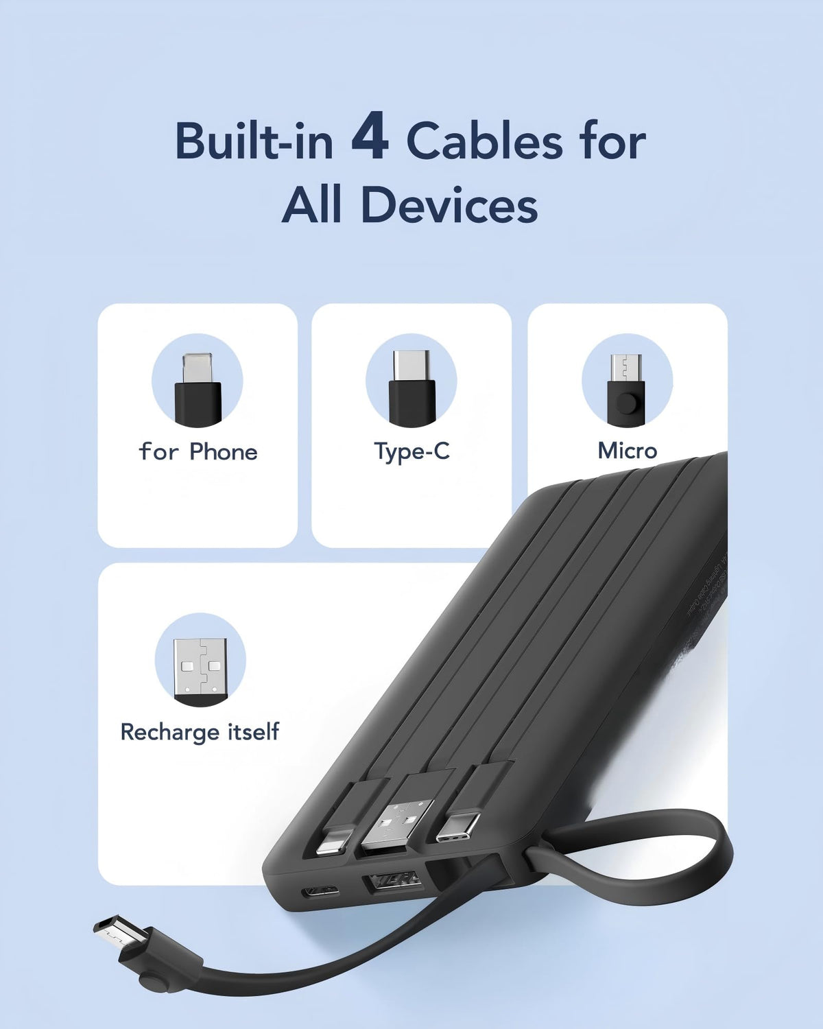 VRURC Portable Charger, Slim Power Bank Built-in 4 Cables, Travel Essential