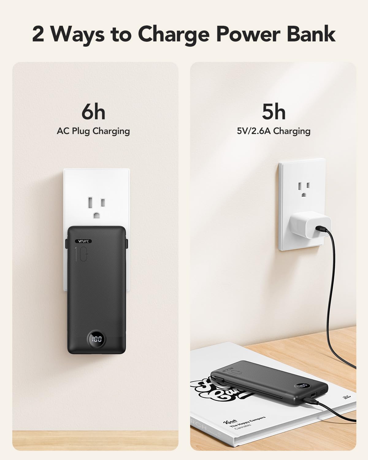 10000mAh Portable Power Bank with Built-In Cables