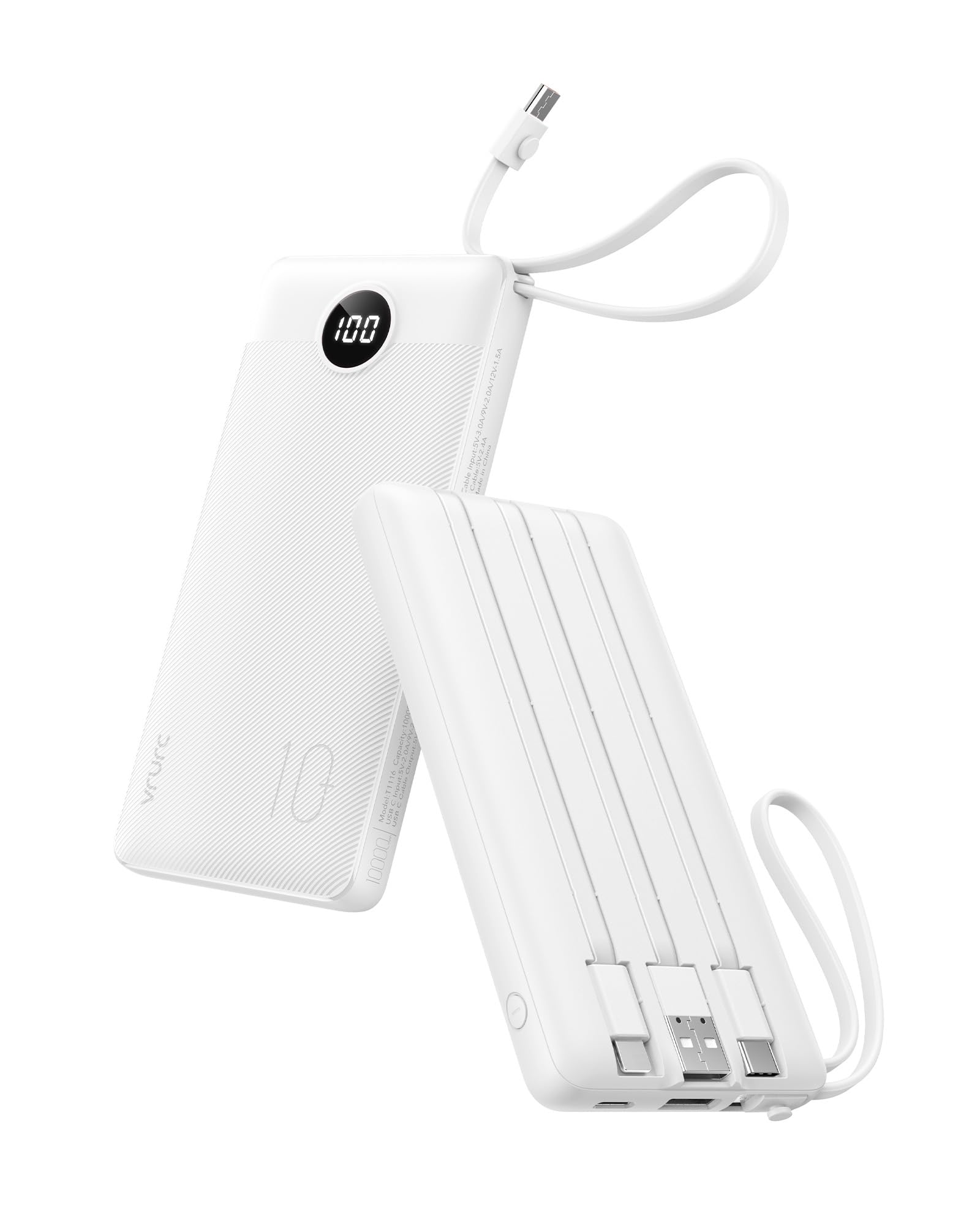VRURC Portable Charger, Slim Power Bank Built-in 4 Cables, Travel Essential
