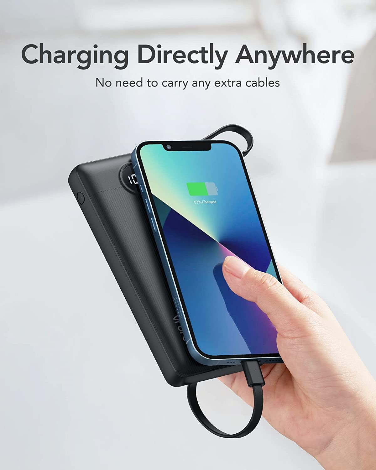 VRURC Portable Charger, Slim Power Bank Built-in 4 Cables, Travel Essential