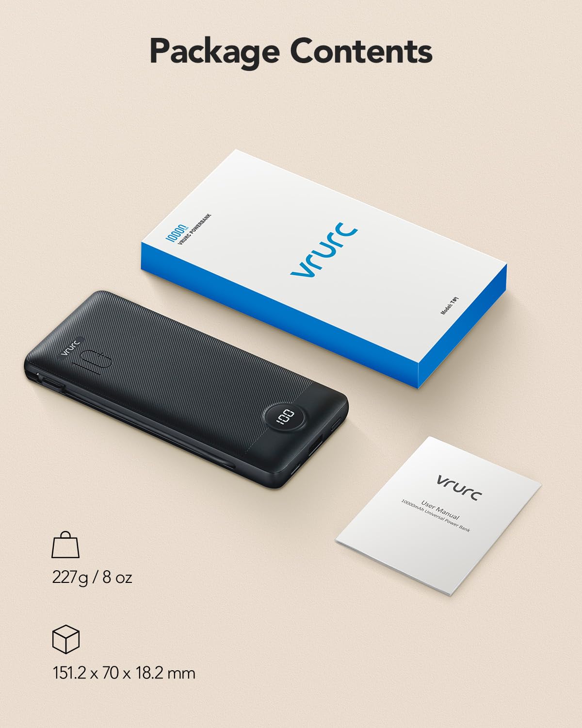 10000mAh Portable Power Bank with Built-In Cables
