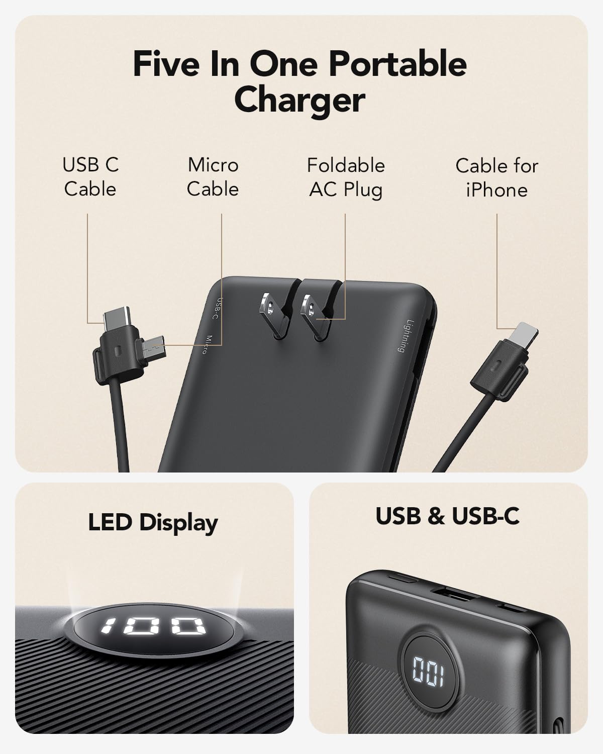 10000mAh Portable Power Bank with Built-In Cables