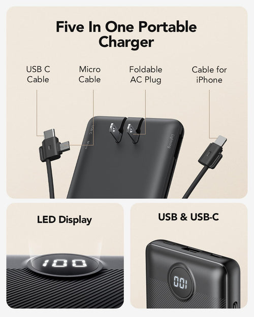 10000mAh Portable Power Bank with Built-In Cables