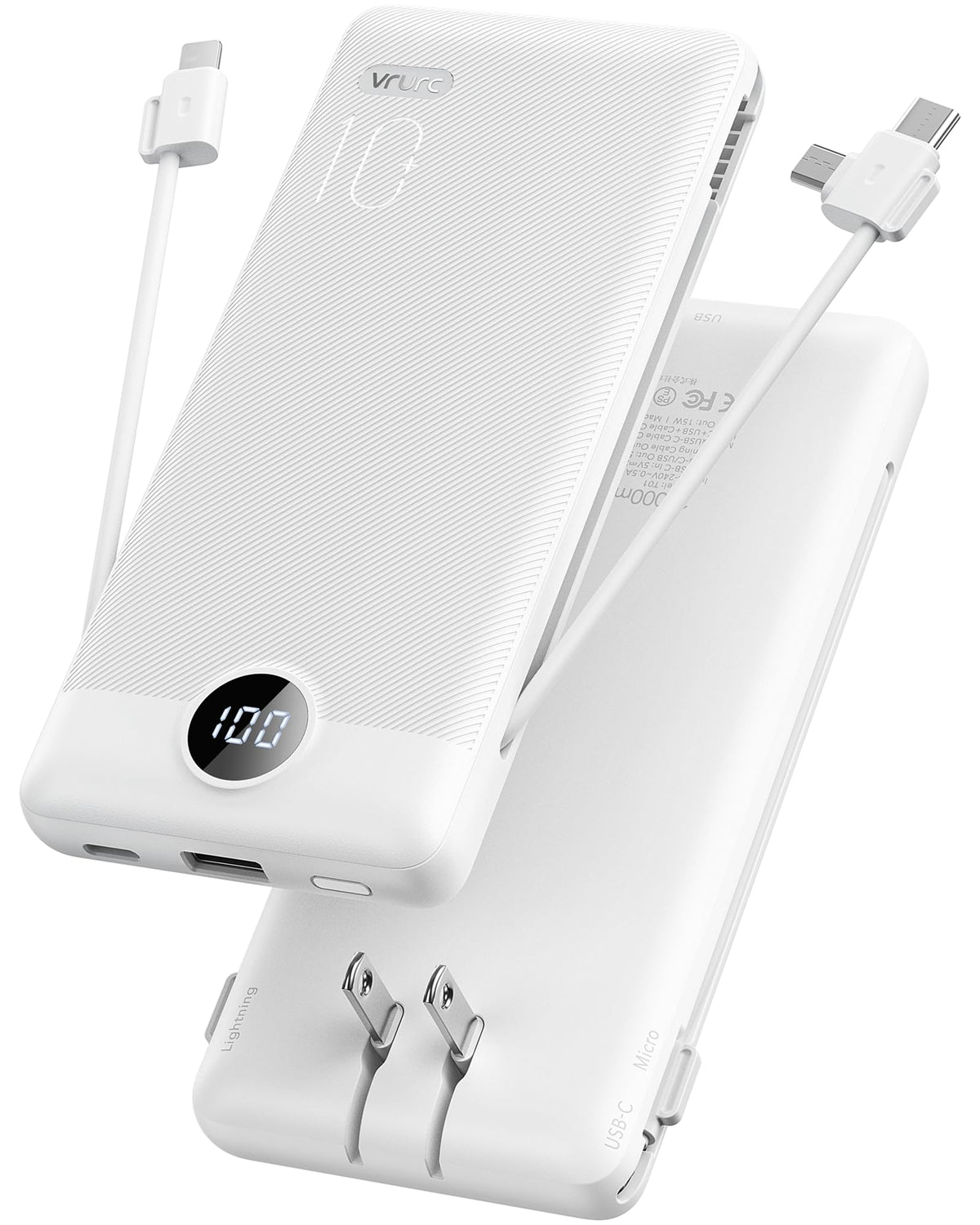 10000mAh Portable Power Bank with Built-In Cables