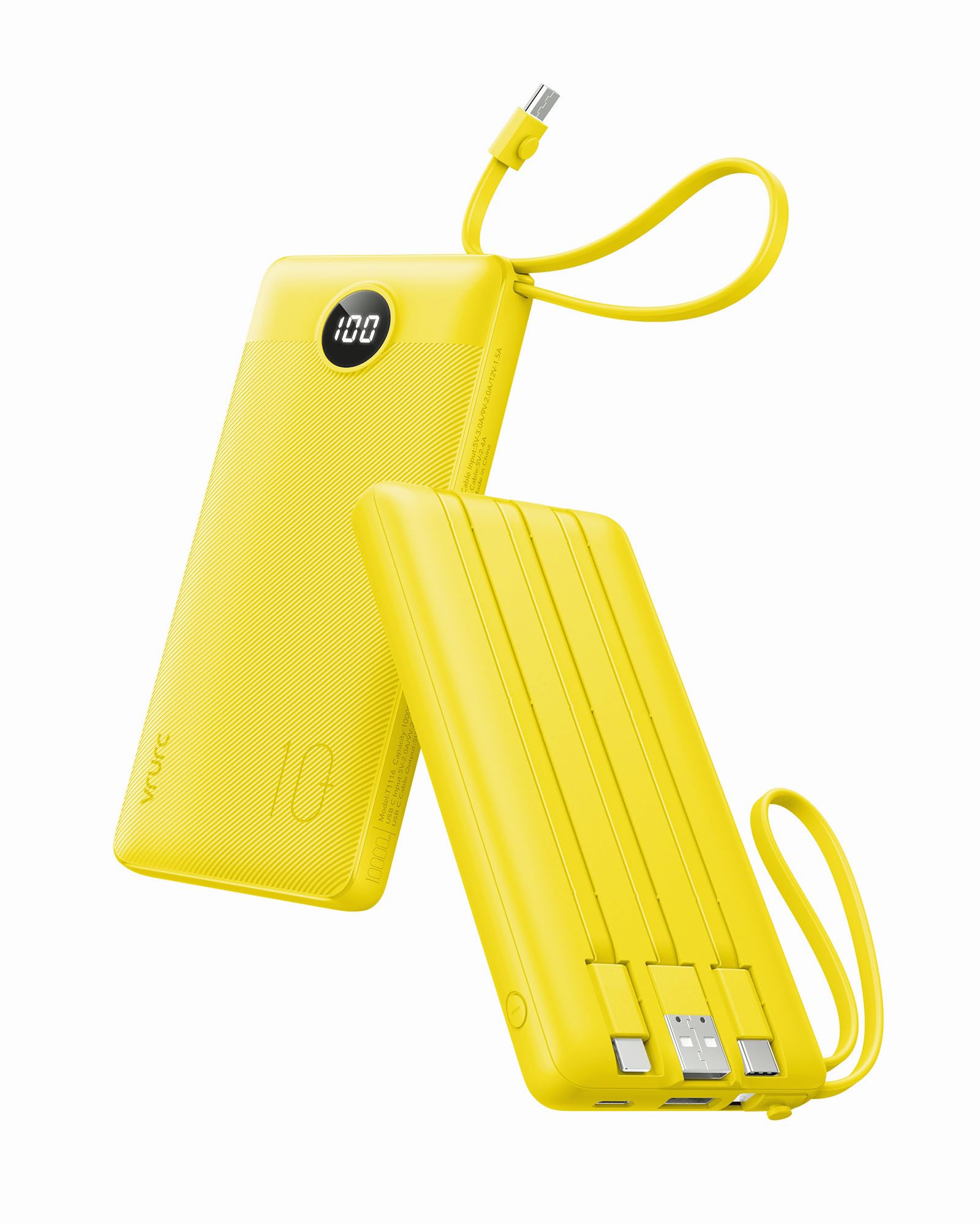 VRURC Portable Charger, Slim Power Bank Built-in 4 Cables, Travel Essential