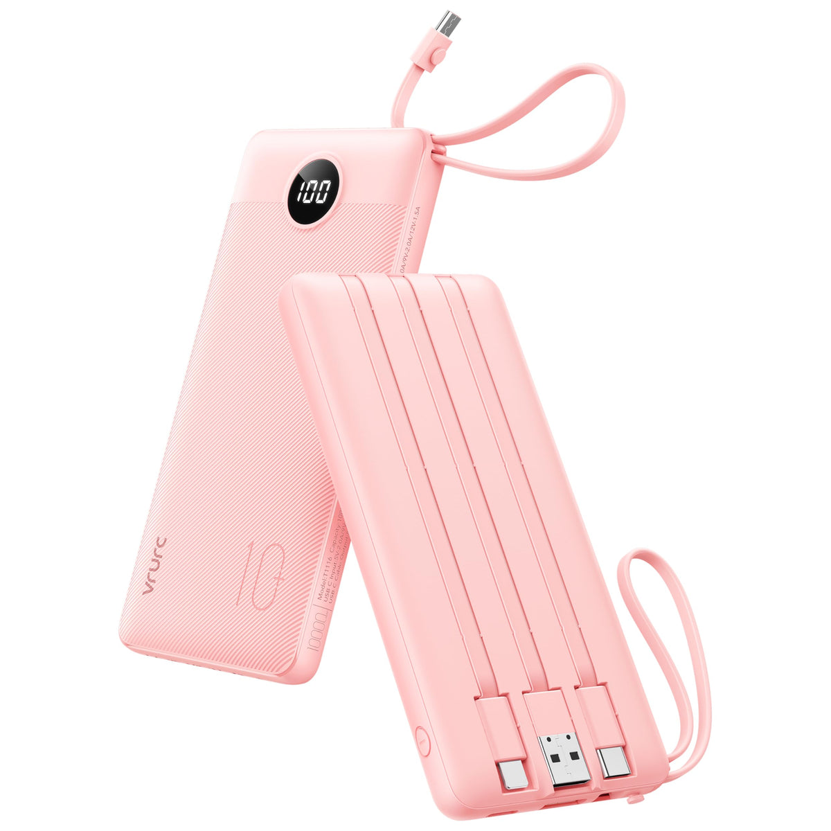 VRURC Portable Charger, Slim Power Bank Built-in 4 Cables, Travel Essential