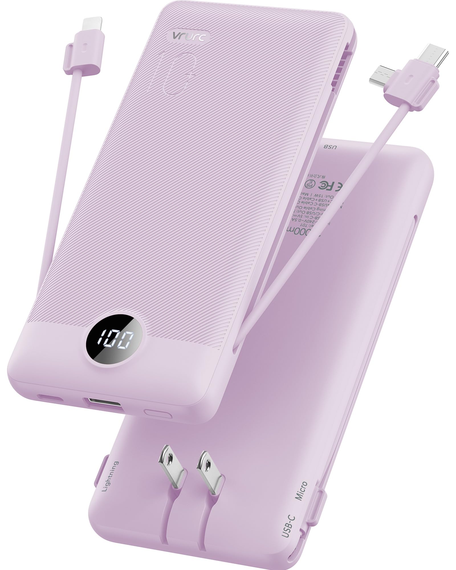 10000mAh Portable Power Bank with Built-In Cables