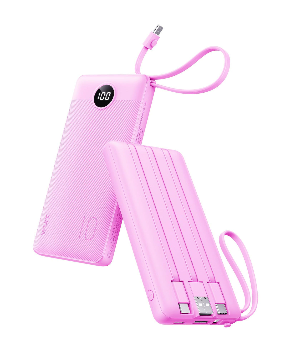 VRURC Portable Charger, Slim Power Bank Built-in 4 Cables, Travel Essential