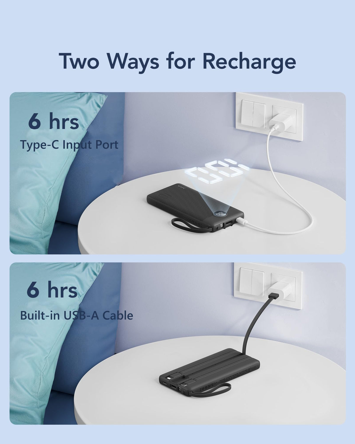 VRURC Portable Charger, Slim Power Bank Built-in 4 Cables, Travel Essential