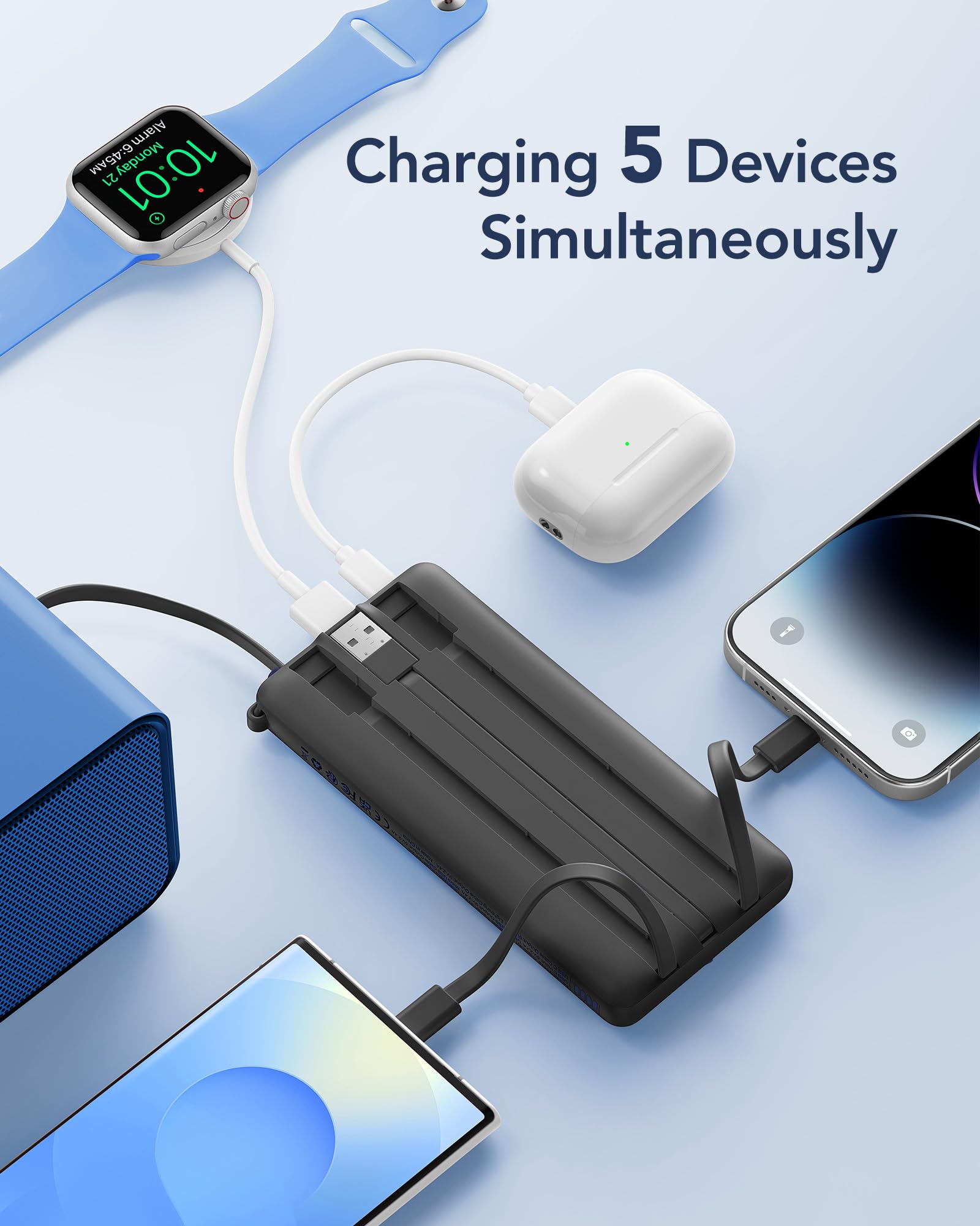 VRURC Portable Charger, Slim Power Bank Built-in 4 Cables, Travel Essential