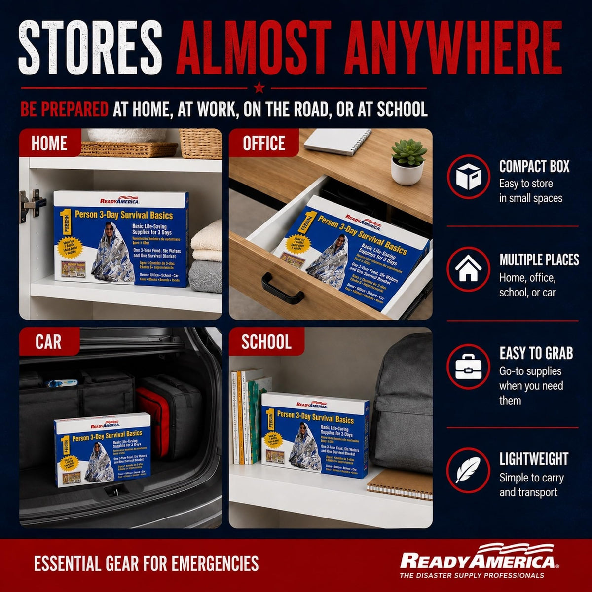Ready America 3000 Survival Box 1-Person 3-Day, Food Water Blanket