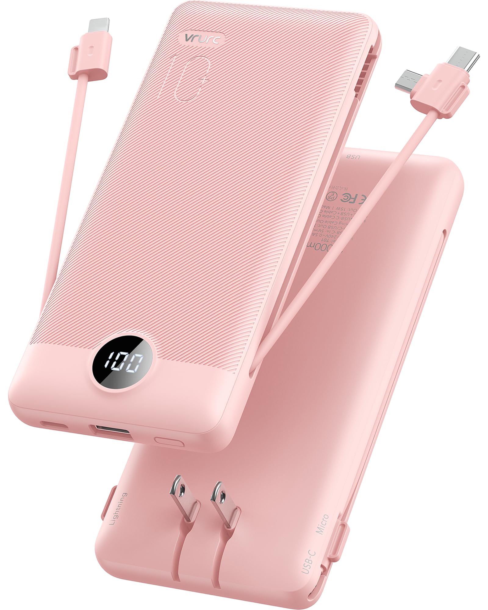 10000mAh Portable Power Bank with Built-In Cables