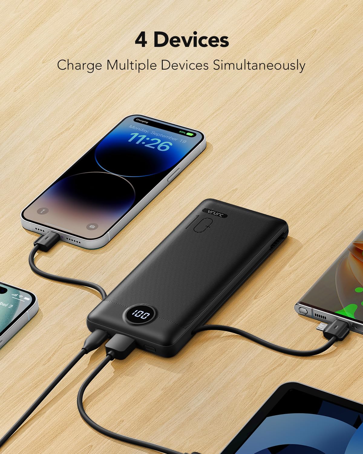 10000mAh Portable Power Bank with Built-In Cables