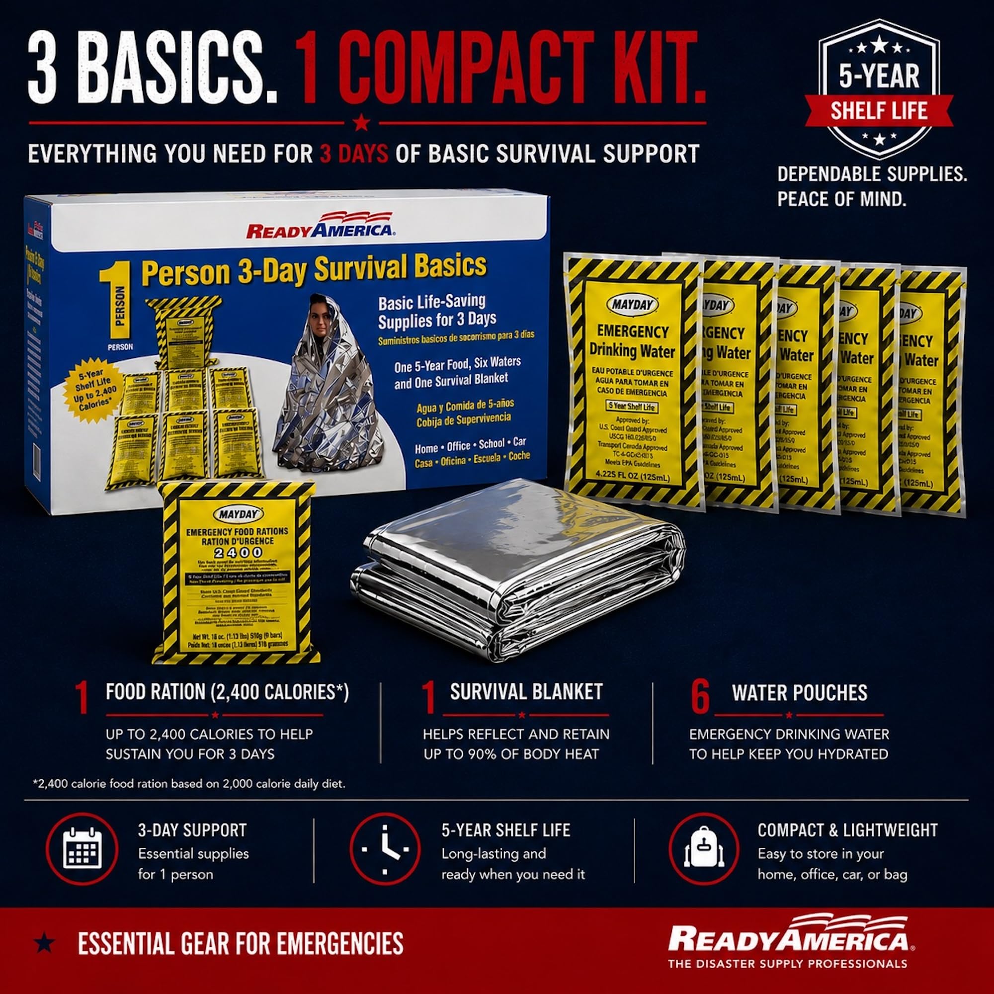 Ready America 3000 Survival Box 1-Person 3-Day, Food Water Blanket