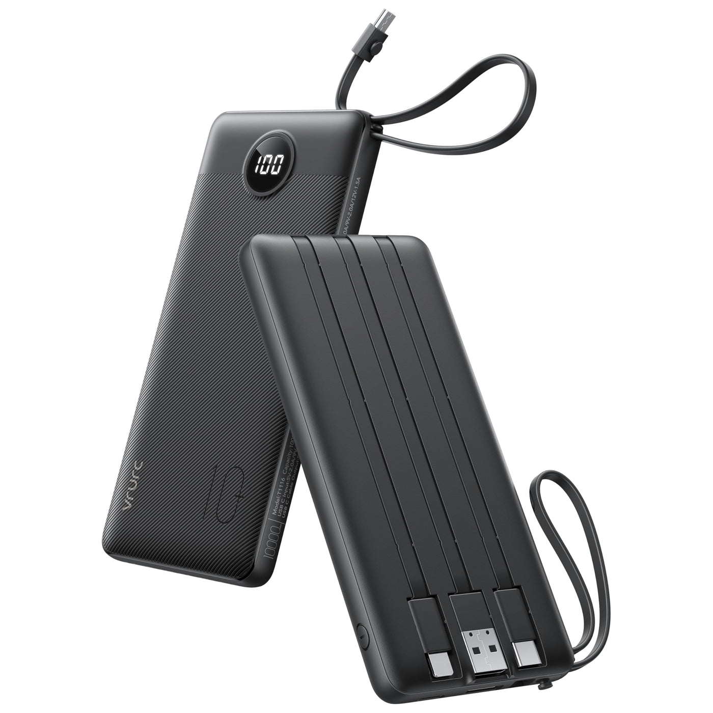 VRURC Portable Charger, Slim Power Bank Built-in 4 Cables, Travel Essential