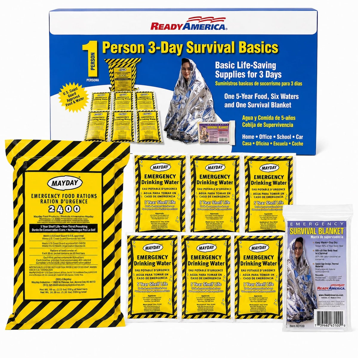 Ready America 3000 Survival Box 1-Person 3-Day, Food Water Blanket