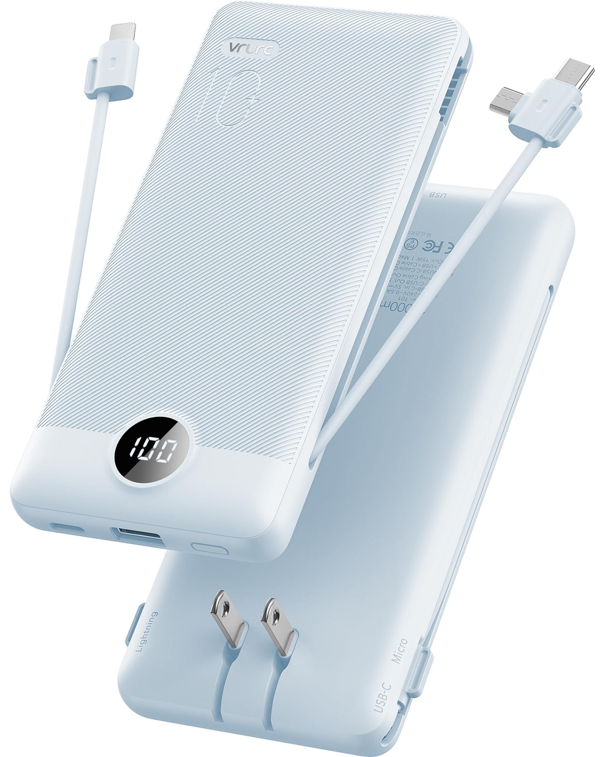10000mAh Portable Power Bank with Built-In Cables