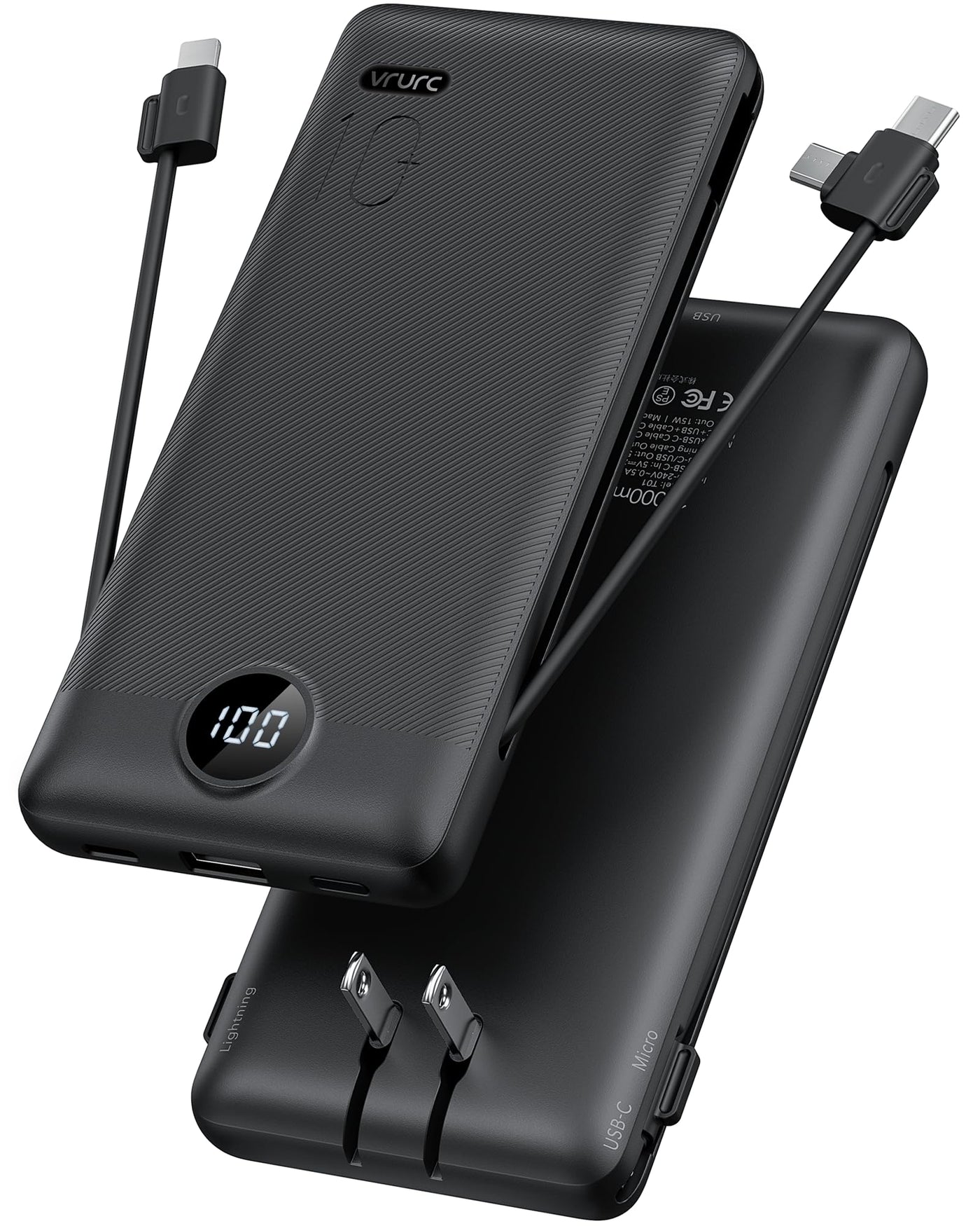 10000mAh Portable Power Bank with Built-In Cables