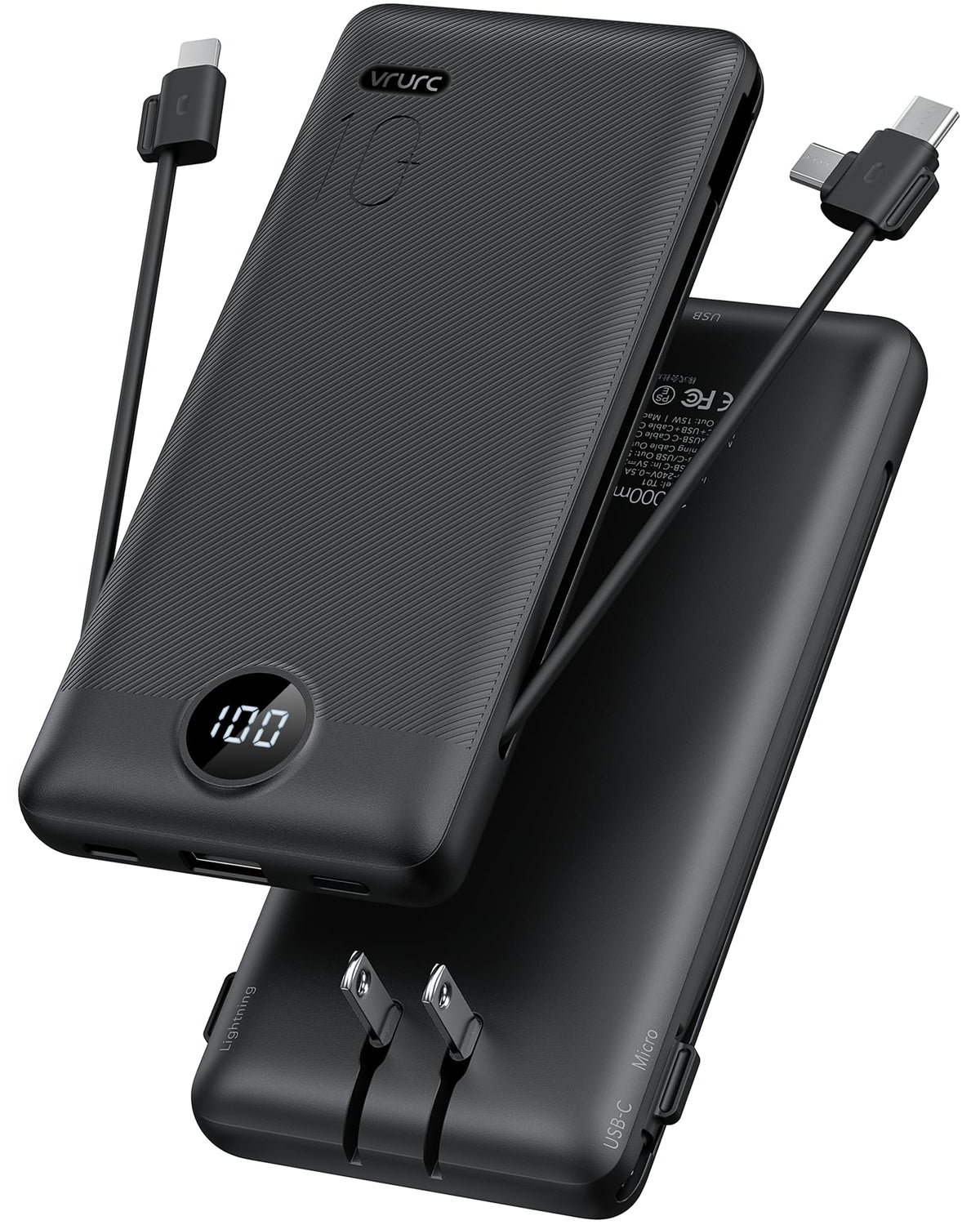 10000mAh Portable Power Bank with Built-In Cables