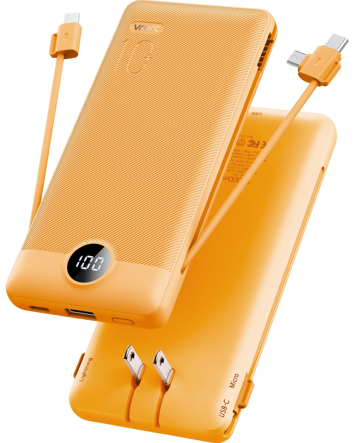 10000mAh Portable Power Bank with Built-In Cables